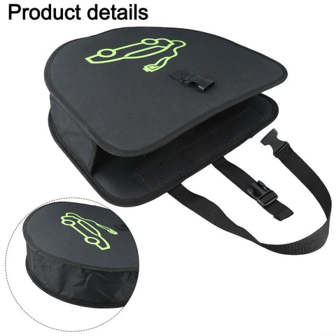 Heavy Duty Electric Vehicle Charging Cable Organizer Bag With Secure Seat Back Straps Stores 5 To 15 Meters Of Plug In Cords in black fabric.