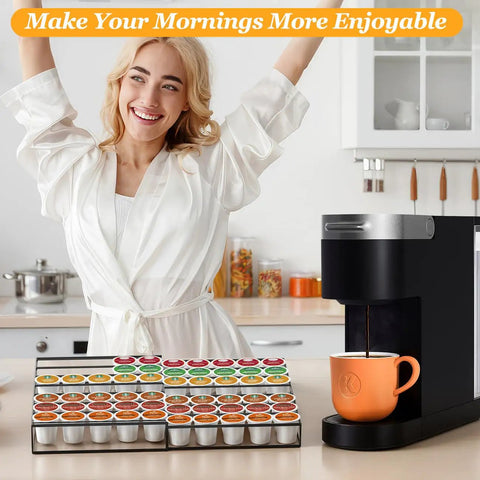 Woman smiling in kitchen with Expandable K Cup Holder Drawer For Keurig Pods, Holds 30 To 60 Coffee Pods on counter with coffee maker.