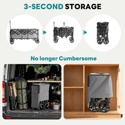 49 Inch Foldable Collapsible Grocery Wagon Cart With 440 Lb Capacity showing storage and compact size in van and cabinet.