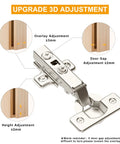 2 Pack Frameless Full Overlay Soft Close Cabinet Hinges With 35mm Cup Adjustable Clip On Plate Nickel Finish showing 3D adjustments