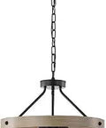 Three Light Drum Chandelier In Matte Black Finish With Imitation Wood Grain 16 Inch Pendant Lighting For Living Room Or Bedroom ETL Listed Uses 60W E26 Bulbs Not Included