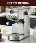 Pro Level 20 Bar Espresso Machine With Hella Smooth Built In Milk Frother Plus Fast Heating Stainless Steel System on marble counter.