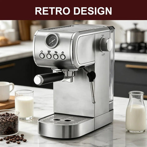 Pro Level 20 Bar Espresso Machine With Hella Smooth Built In Milk Frother Plus Fast Heating Stainless Steel System on marble counter.