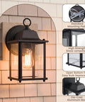Built Tough E26 Outdoor Porch Light For Home Exterior Wall Matte Black Die Cast Aluminum And Clear Glass Wall Lantern mounted on wall.