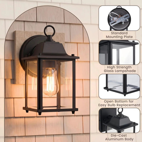 Built Tough E26 Outdoor Porch Light For Home Exterior Wall Matte Black Die Cast Aluminum And Clear Glass Wall Lantern mounted on wall.