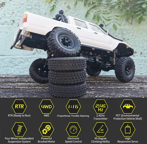 4x4 RC Rock Crawler Truck With Beefed Up Chassis And Twin Cab Hard Body on tire stacks, showcasing adjustable shocks and off-road capability