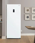 Built Tough 17 Cubic Foot Upright Convertible Fridge And Freezer With Auto Defrost, white exterior in modern setting.