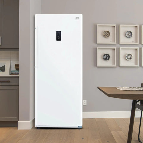 Built Tough 17 Cubic Foot Upright Convertible Fridge And Freezer With Auto Defrost, white exterior in modern setting.
