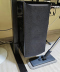 Sweep Floor Mess To The Curb With This Beefy Under Desk PC Mount Clamp On Computer Tower Holder Adjustable Height Width Zero Drill Pain Keep Your Setup Snappy, showing PC tower clamped and cleaning mop.