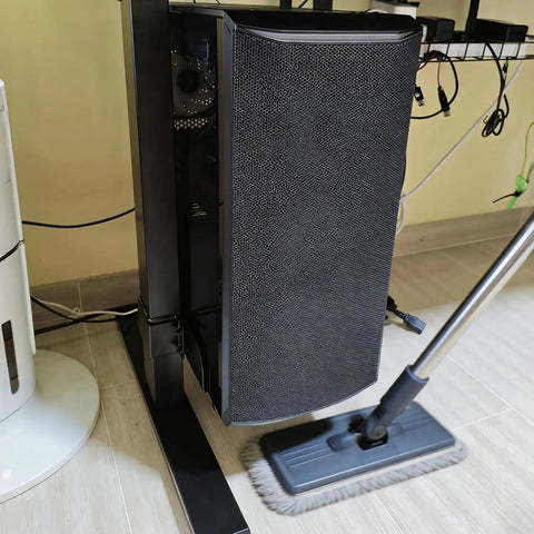 Sweep Floor Mess To The Curb With This Beefy Under Desk PC Mount Clamp On Computer Tower Holder Adjustable Height Width Zero Drill Pain Keep Your Setup Snappy, showing PC tower clamped and cleaning mop.