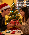 Festive Christmas scene with couple exchanging gifts by a decorated tree, promoting Six Color Nail Polish Set For 4th Of July And Christmas Air Dry No Light Needed Quick Dry Long Lasting Chip Resistant HEMA Free Non Toxic Safe For Nails Includes Red Evergreen Ice Blue Snow White Gold Glitter Silver Glitter.
