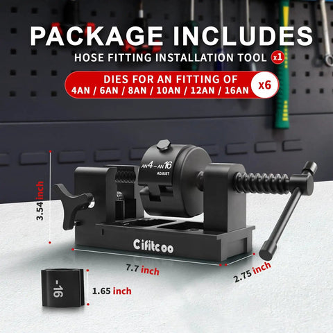 AN Fitting Installation Tool With Six Dies 4AN 6AN 8AN 10AN 12AN 16AN For CPE Fuel Line, metal tool with handle and dimensions shown