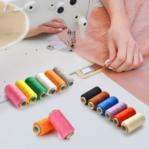 12 Color Sewing Thread Kit With Needle Threader For Hand And Machine, DIY Home Sewing Set displayed next to sewing machine
