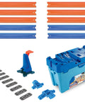Track Builder Multi Loop Toy Car Track Set With 10 Feet Of Track In Storage Box Portable Kid Friendly Stunts Playset layout and components shown