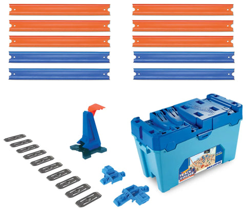 Track Builder Multi Loop Toy Car Track Set With 10 Feet Of Track In Storage Box Portable Kid Friendly Stunts Playset layout and components shown