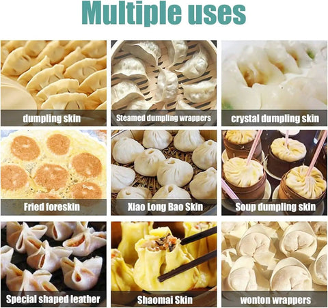 Heavy Duty Electric Dumpling Skin Maker That Slams Out Perfect Round Wonton Wrappers In Record Time Without Breaking A Sweat For Busy Commercial Restaurants Or Compact Home Countertops showcasing various types of dumpling skins