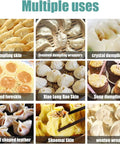 Commercial Grade Electric Dumpling Skin Maker showing various types of dumpling skins including wonton and bao in a collage.