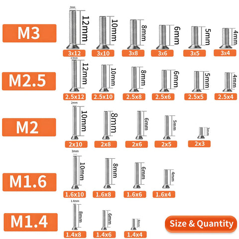 Beefy 960 Piece Laptop Screws Set In 304 Stainless Steel Flat Head Countersunk Machine Screws For SSD Drives M1.4 M1.6 M2 M2.5 M3 Full Thread