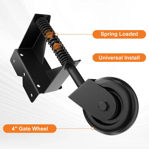 4 Inch Gate Wheels With Spring Loaded Caster And 360 Degree Universal Mount Plate For Wooden Fence And Metal Gates Heavy Duty