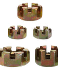 Built Tough Golden Alloy Castle Nut Kit For Go Kart Steering Rod Replacement 5 Piece 8mm To 16mm set displayed