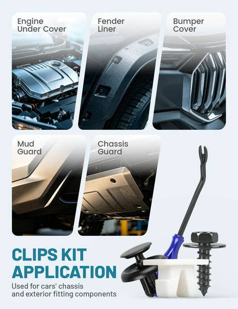 Premium 101 Piece Engine Undercover And Fender Retainer Clip Kit With Fastener Puller For Toyota Lexus showing clips for fender liner and bumper cover.