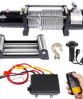 Heavy Duty Electric Winch 3000 To 6000 Lbs Pulling Power For Trucks Jeeps Boats Off Roading Vehicles With Steel Cable, remote control, and accessories.