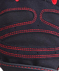 Close-up of red stitching on fingerless fitness gloves with wrist wrap for men and women, breathable non slip gym gloves for weightlifting.