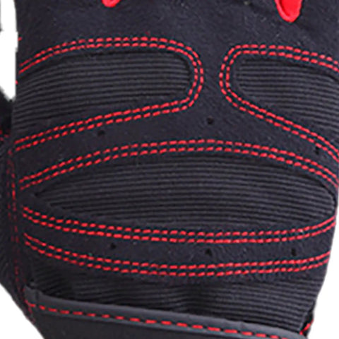 Close-up of red stitching on fingerless fitness gloves with wrist wrap for men and women, breathable non slip gym gloves for weightlifting.