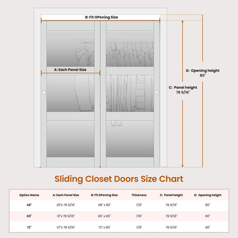 Diagram showing Double Frosted Glass Sliding Barn Door Kit For Closets, 72 By 80 Inches, with size measurements and hardware details.