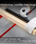 Rugged Aluminum Table Saw Miter Gauge designed with reliable flip stop fence and adjustable locks in use on wood piece.