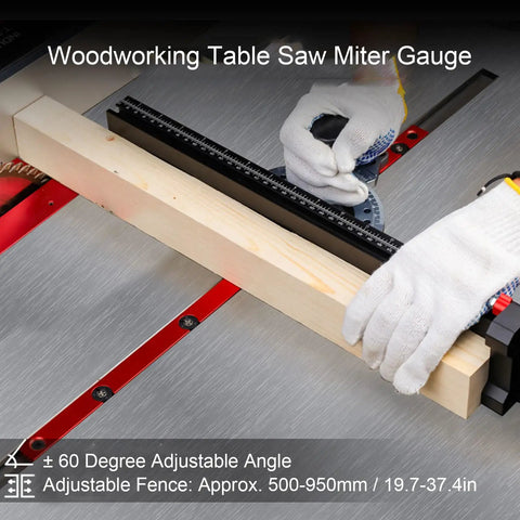 Rugged Aluminum Table Saw Miter Gauge designed with reliable flip stop fence and adjustable locks in use on wood piece.