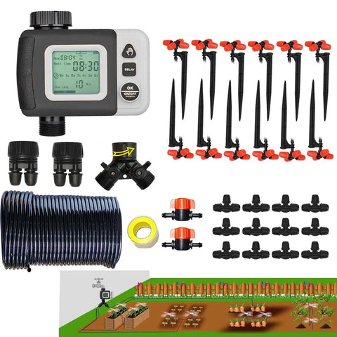 Irrigation Kit Automatic Watering System With Timer 64Ft One Quarter Inch Tubing 12 Rain Spray Watering Nozzles 4 Direction Fog Sprinklers
