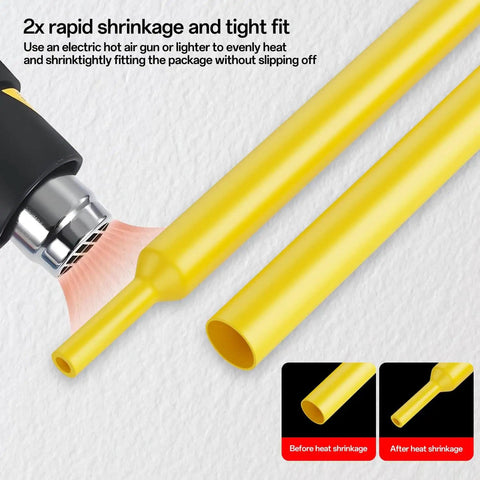 Yellow heat shrink tubing being heated, showing shrinkage process in 164 Piece Heat Shrink Tubing Kit 2 To 1 Insulation For Wires And Cables.