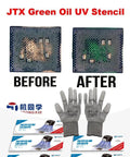 Green Oil UV Stencil Set For iPhone 16 Pro Max Down To iPhone 8 Universal Solder Mask Repair Kit showing before and after use