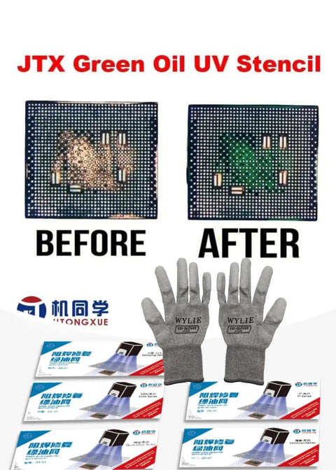 Green Oil UV Stencil Set For iPhone 16 Pro Max Down To iPhone 8 Universal Solder Mask Repair Kit showing before and after use