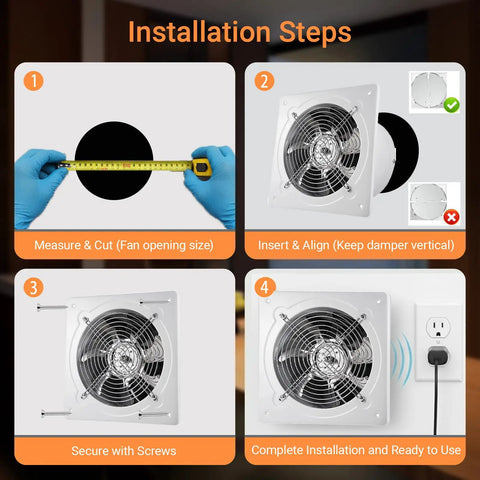 Installation steps for Workhorse 8 Inch Exhaust Fan With 735 CFM Wall Mount Ventilation showing measurement, alignment, and securing.