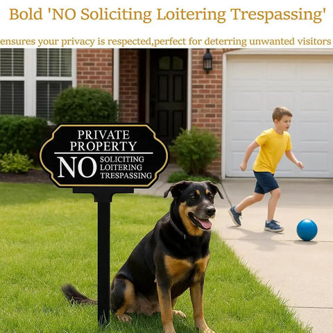 Private Property No Trespassin Sign With Stake For Front Door Lawn displayed near house with dog and child playing