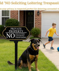 No Trespassing No Soliciting Sign With Stake For Outdoor Private Property 14x7 Inch Aluminum Sign in home yard with dog and child playing