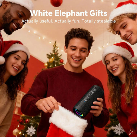 People wearing festive hats with Rugged Portable Bluetooth Speaker With 24W Stereo Sound Deep Bass TWS Pairing IPX7 Waterproof.