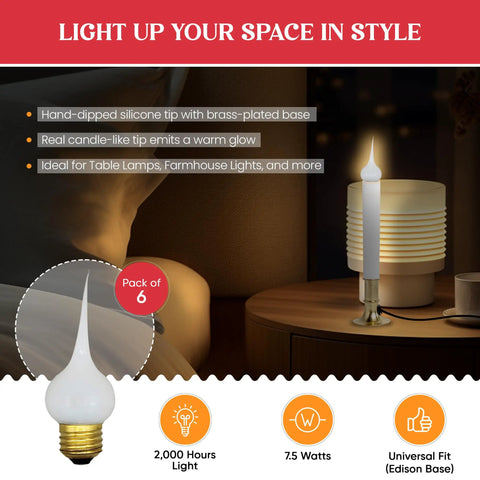 Beefed-Up Value Pack Of 6 Silicone Light Bulbs With Champagne Exterior, 7.5W Medium Base, lamp and packaging details