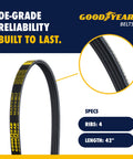 Serpentine Belt 4 Rib 42 Inch Auto Engine Drive System Belt With EPDM Rubber And Balanced Twist Polyester Cord For Multi V Performance And Durable Beefy Heavy Duty Automotive Applications Replacement, 4 ribs