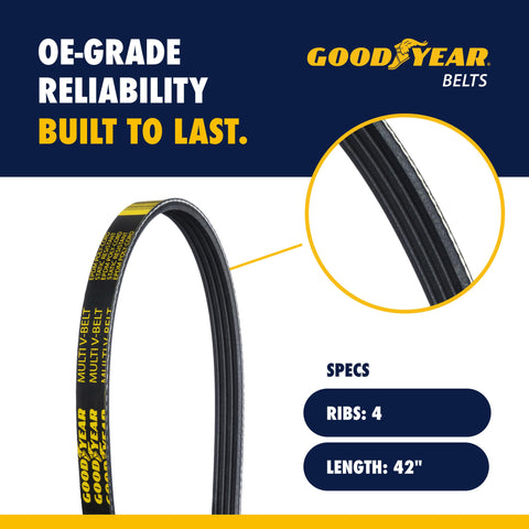 Serpentine Belt 4 Rib 42 Inch Auto Engine Drive System Belt With EPDM Rubber And Balanced Twist Polyester Cord For Multi V Performance And Durable Beefy Heavy Duty Automotive Applications Replacement, 4 ribs