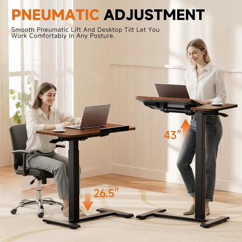 Two women using Tiltable Mobile Standing Desk With Wheels Pneumatic Height Adjustable Overbed Table in home office setup
