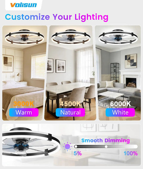 Sleek 24 Inch Rgb Ceiling Fan With Built In Lights And Wireless Remote, Low Profile Flush Mount Setup, Adjustable Cool To Warm Dimming, Whisper Quiet Bladeless Design, Total Room Vibe For Bedrooms Or Chill Spaces showing customizable lighting options.
