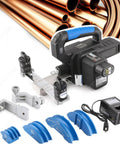 Kickass Cordless Electric Pipe Bender For Copper And Aluminum Tubing, Battery-powered tool with bending mandrels and charger.