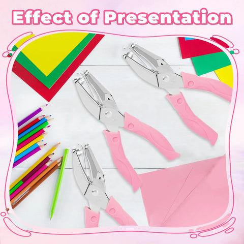 Three Pack Handy Metal Handheld Hole Punch Set For Crafting And Scrapbooks With Soft Grip Handles with colored papers and pencils