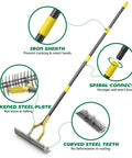 Diagram of a 70 Inch Heavy Duty Lawn Thatching Rake With Adjustable Stainless Steel Handle showcasing features like iron sheath and spiral connection.
