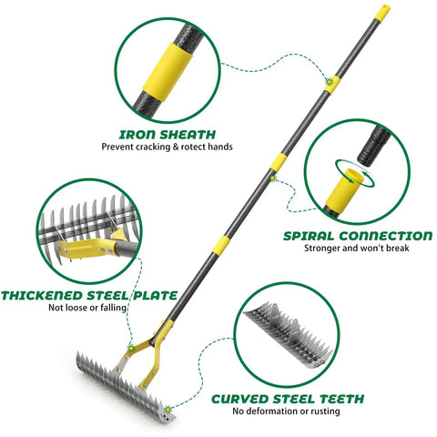 Diagram of a 70 Inch Heavy Duty Lawn Thatching Rake With Adjustable Stainless Steel Handle showcasing features like iron sheath and spiral connection.