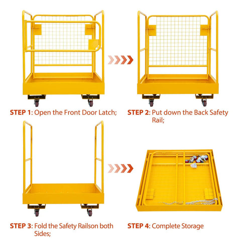 Forklift Safety Cage 36x36 Carbon Steel Man Basket With Safety Railings And Caster Wheels Work Platform For Warehouse Maintenance And Aerial Tasks Beefed Up Heavy Duty 1200 Lb Load Capacity, folding storage steps