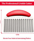Front view of stainless steel crinkle cutter with red ergonomic handle; 6.3in wide, 4.5in tall.